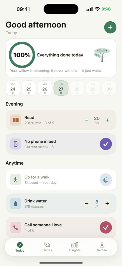 Willow's Today screen: a progress ring, a growing willow and the day's habits